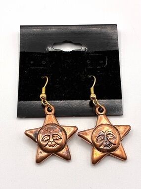 Vintage 90s Copper Tone Man in the Moon Star Dangle Earrings